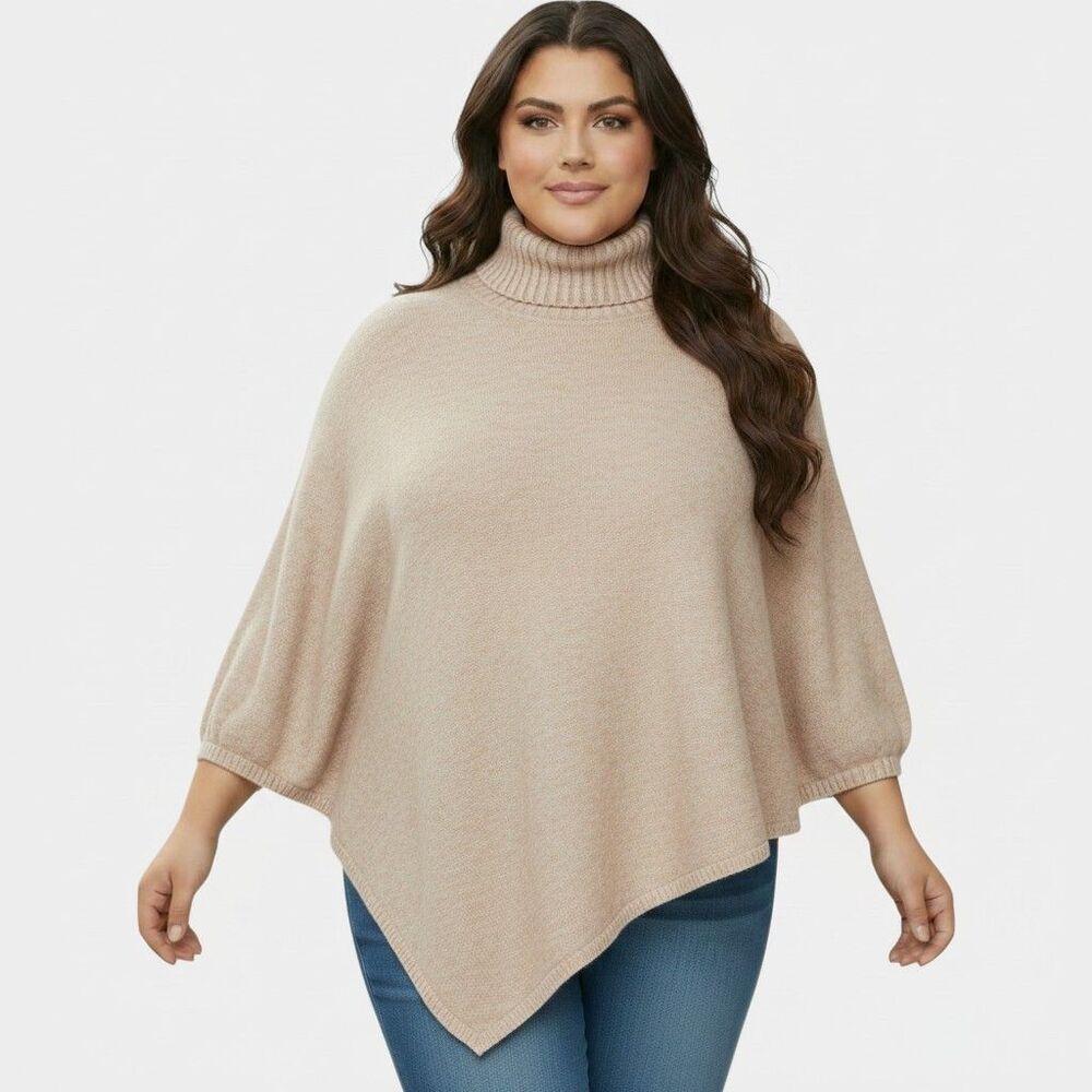 J. Jill Women's One Size Beige Wool Blend Turtleneck Poncho Cape Sweater